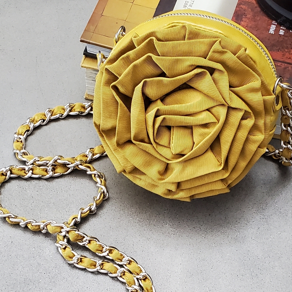 Chocolate New York Rosette Crossbody Mini Bag, Mustard, Silver Chain, EUC - Picture 2 of 16